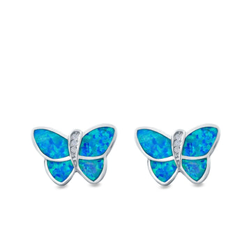 Butterfly Stud Earrings Lab Created Blue Opal Simulated CZ 925 Sterling Silver (11mm)